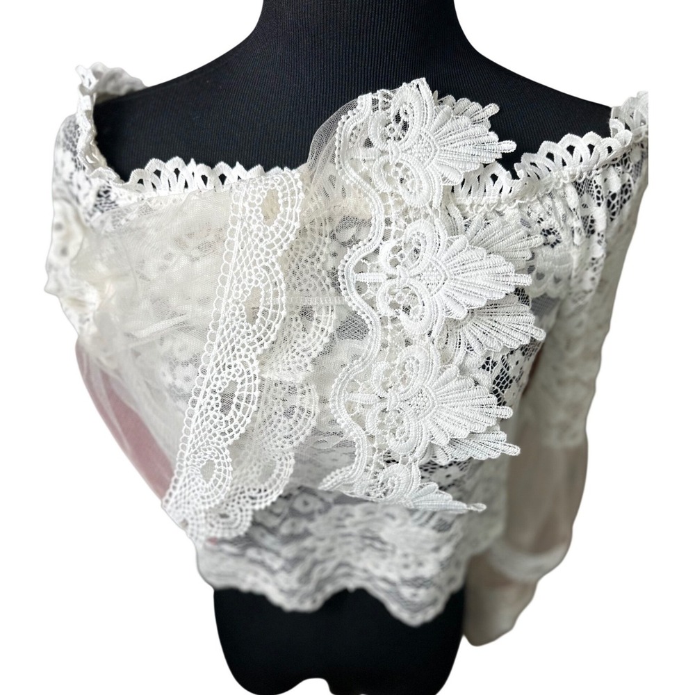 Boho White Lace Top Off Shoulder XS Crop Bell Sleeve Sheer Romantic Cottagecore - Picture 6 of 9